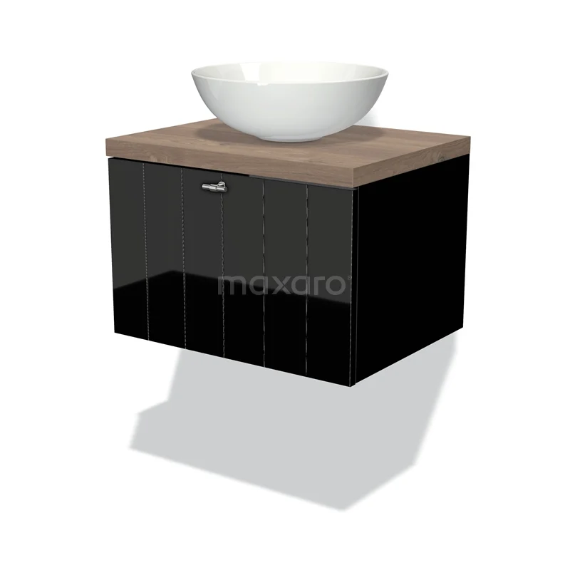 Modulo Plato Vanity units for countertop basin | 60 cm High-gloss black Slat front Mid brown oak worktop 1 drawer BMK11-00934
