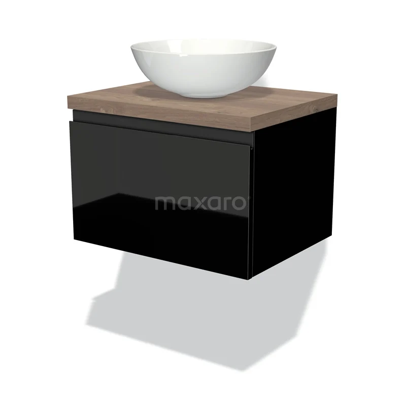 Modulo Plato Vanity units for countertop basin | 60 cm High-gloss black Handle-less front Mid brown oak worktop 1 drawer BMK11-00935