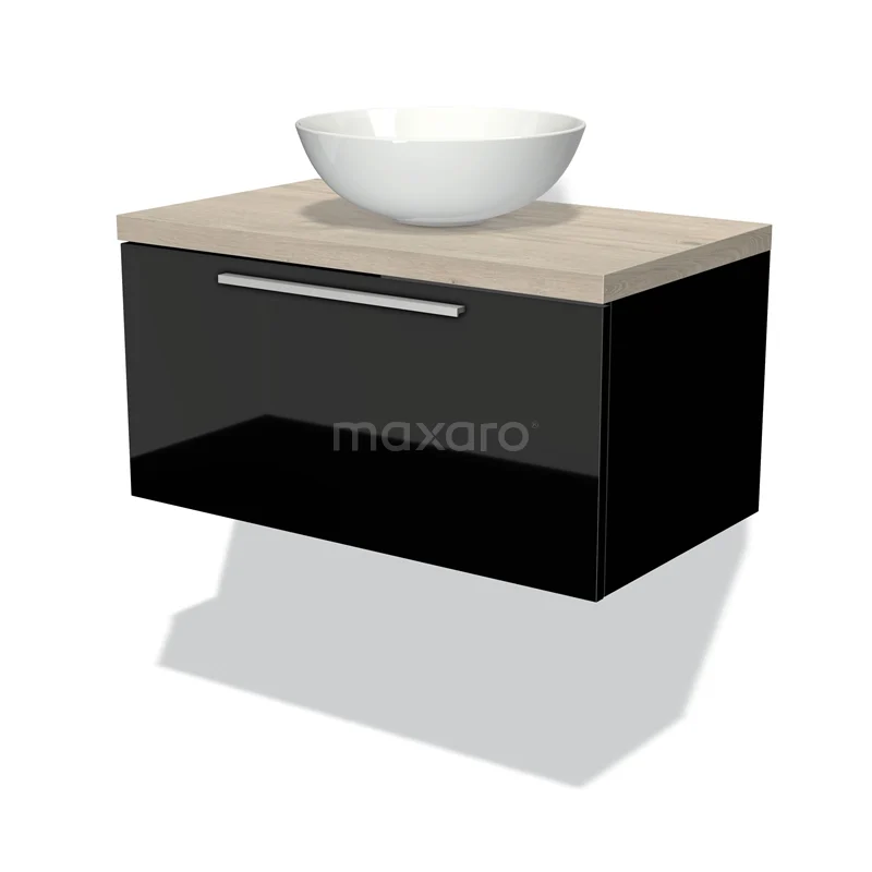 Modulo Plato Vanity units for countertop basin | 80 cm High-gloss black Flat front Light grey oak worktop 1 drawer BMK11-00966