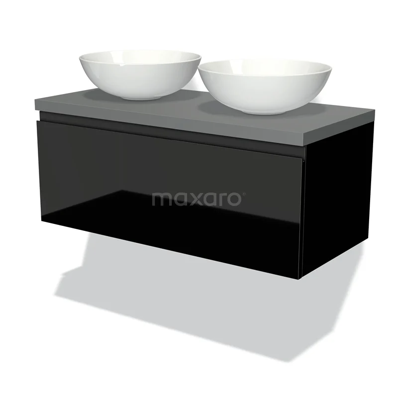 Badmöbel für Waschtischunterschrank mit Konsole 100cm Modulo Plato Hochglanz Schwarz 1 Schublade Grifflos Mittelgrau Platte BMK11-00992 Zweites Badezimmermöbel Schwarz mit Grau Platte und doppelten weißen Aufsatzwaschbecken, strakes Design in lackierter Ausführung.