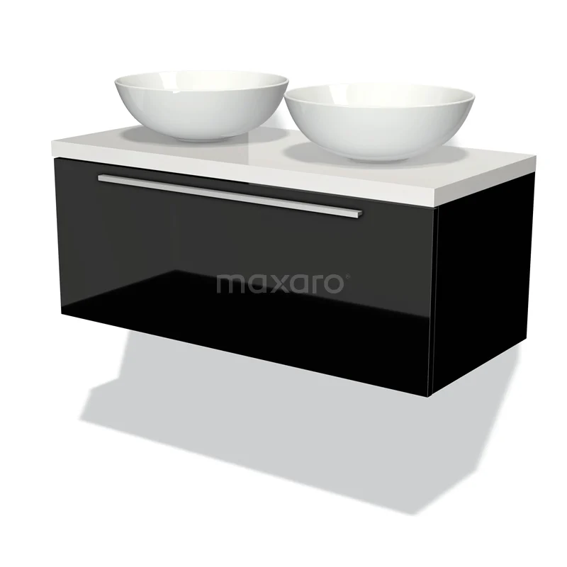 Badmöbel für Waschtischunterschrank mit Konsole 100cm Modulo Plato Hochglanz Schwarz 1 Schublade Flach Hochglanz Weiß Platte BMK11-00993 Schwarzes schwebendes Badmöbel mit zwei weißen Aufsatzwaschbecken, Hochglanzfinish und breiter Schublade.