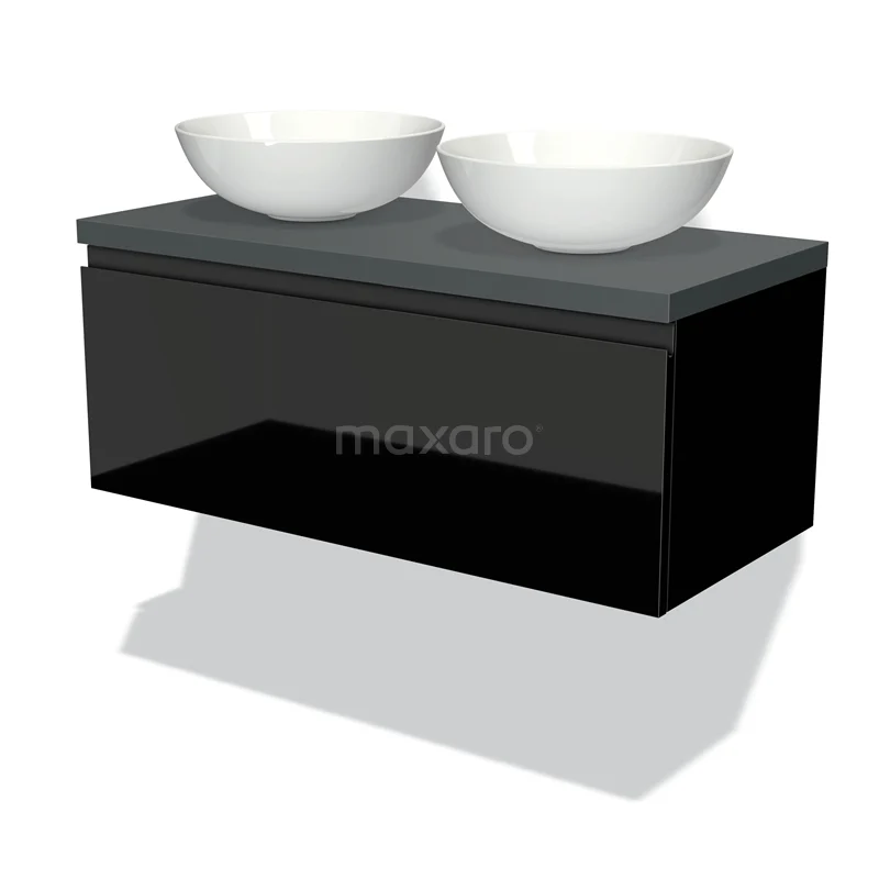 Modulo Plato Vanity units for countertop basin | 100 cm High-gloss black Handle-less front Dark grey worktop 1 drawer BMK11-01001