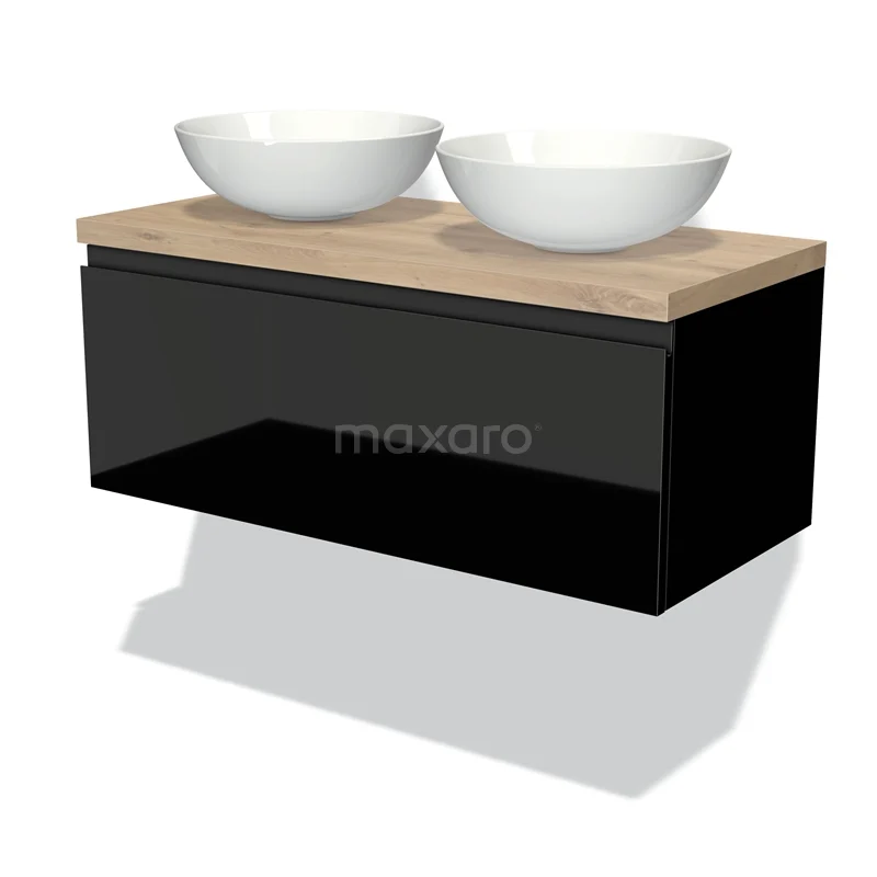 Badmöbel für Aufsatzwaschbecken 100cm Modulo Plato Hochglanz Schwarz 1 Schublade Grifflos Hellbraune Eiche Platte BMK11-01010 Zweites schwarzes Badmöbel mit doppeltem weißen Aufsatzwaschbecken und hölzerner Platte, modernes Design geeignet für jeden Badezimmerstil.