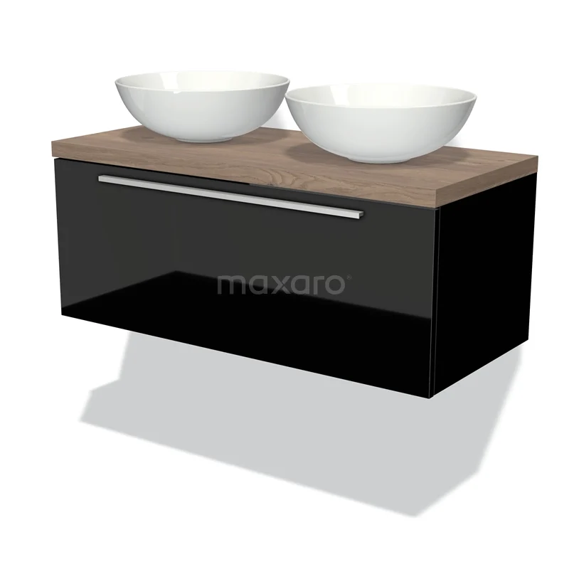 Waschtischunterschrank mit Konsole 100cm Modulo Plato Hochglanz Schwarz 1 Schublade Flach Mittelbraune Eiche Platte BMK11-01011 Schwarzes Holz-Badmöbel mit zwei weißen runden Aufsatzwaschbecken, modernes Design, ideal für eine stilvolle Badezimmer Einrichtung.