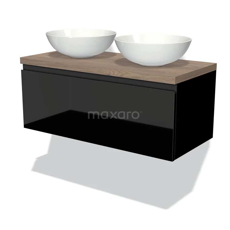 Badmöbel für Aufsatzwaschbecken 100cm Modulo Plato Hochglanz Schwarz 1 Schublade Grifflos Mittelbraune Eiche Platte BMK11-01013 Zwevende schwarze Waschbeckenunterschrank mit Holzplatte und zwei weißen Aufsatzwaschbecken, ideal für ein modernes Badezimmer.
