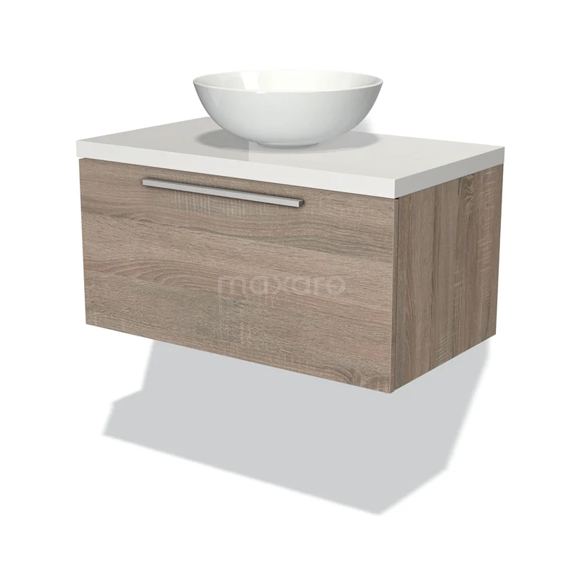 Badmöbel für Waschtischunterschrank mit Konsole 80cm Modulo Plato Eiche 1 Schublade Flach Hochglanz Weiß Platte BMK11-01095 Holz Badezimmermöbel mit weißem keramischen Waschbecken, schickes modernes Design, ideal für eine stilvolle Badezimmer Einrichtung.