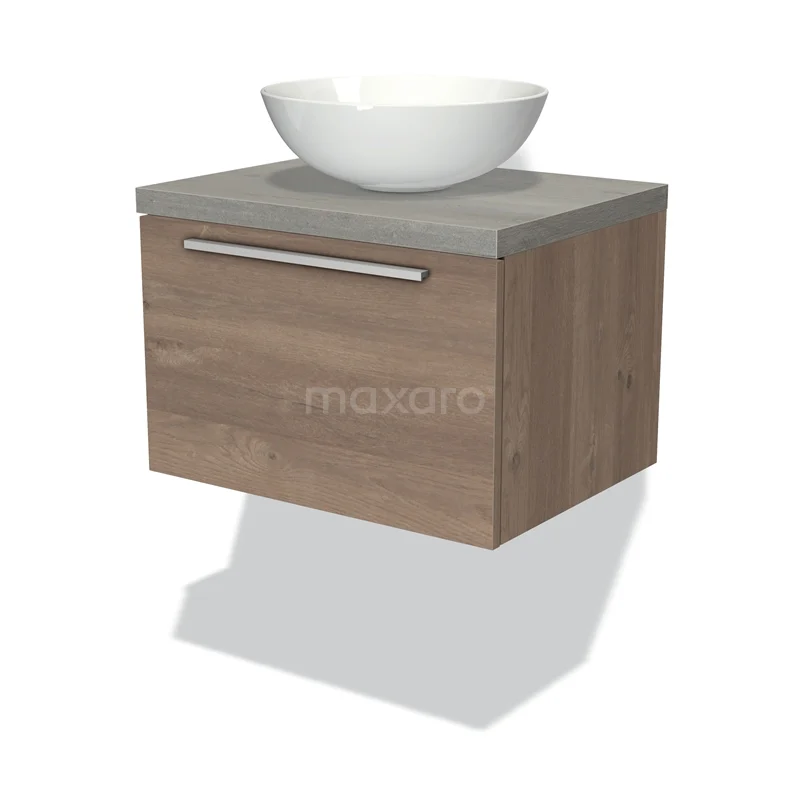 Modulo Plato Vanity units for countertop basin | 60 cm Mid brown oak Flat front Grey oak worktop 1 drawer BMK11-01397