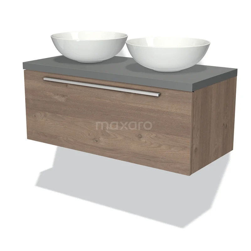 Badmöbel für Waschtischunterschrank mit Konsole 100cm Modulo Plato Mittelbraune Eiche 1 Schublade Flach Mittelgrau Platte BMK11-01431 Hölzernes Badezimmermöbel mit zwei runden weißen Aufsatzwaschbecken, grauer Platte und einem schlichten metallenen Haltegriff.