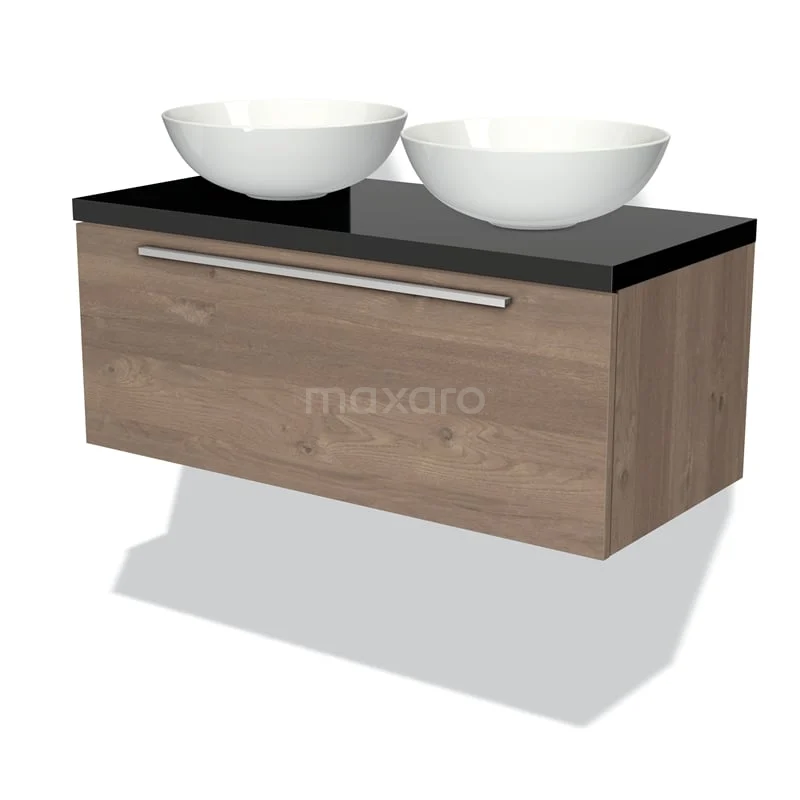 Badmöbel für Waschtischunterschrank mit Konsole 100cm Modulo Plato mittelbraune Eiche 1 Schublade flach Hochglanz Schwarz Platte BMK11-01439 Holz-Badmöbel mit schwarzer Steinoptik Platte und doppeltem weißen Aufsatzwaschbecken, stilvoller Stauraum für moderne Bäder.