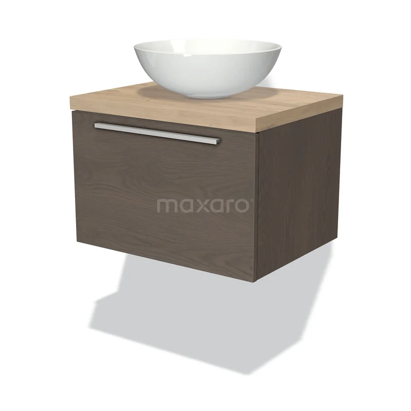 Badmöbel für Waschtischunterschrank mit Konsole 60cm Modulo Plato Dunkelbraune Eiche 1 Schublade Flach Hellbraune Eiche Platte BMK11-01497 Wandmöbel Holzoptik mit weißem Aufsatzwaschbecken, modernes Badmöbel ideal für kompakte Bäder.