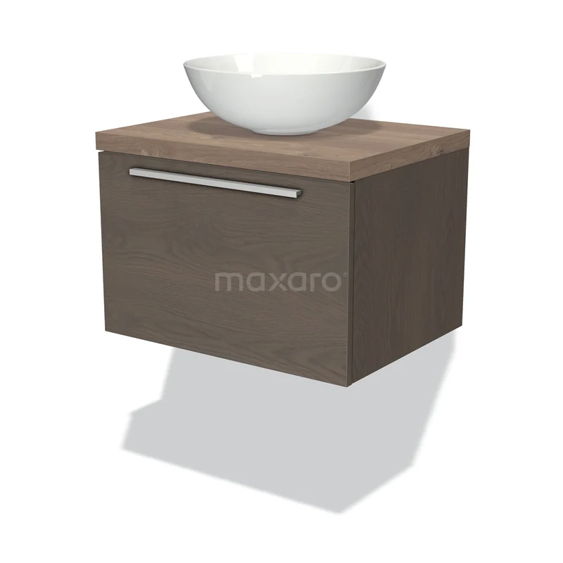 Badmöbel für Waschtischunterschrank mit Konsole 60cm Modulo Plato Dunkelbraune Eiche 1 Schublade Flach Mittelbraune Eiche Platte BMK11-01499 Hölzernes schwebendes Badezimmermöbel mit Schublade, modernes Design und weißem Aufsatzwaschbecken, perfekt für eine stilvolle Badezimmergestaltung.