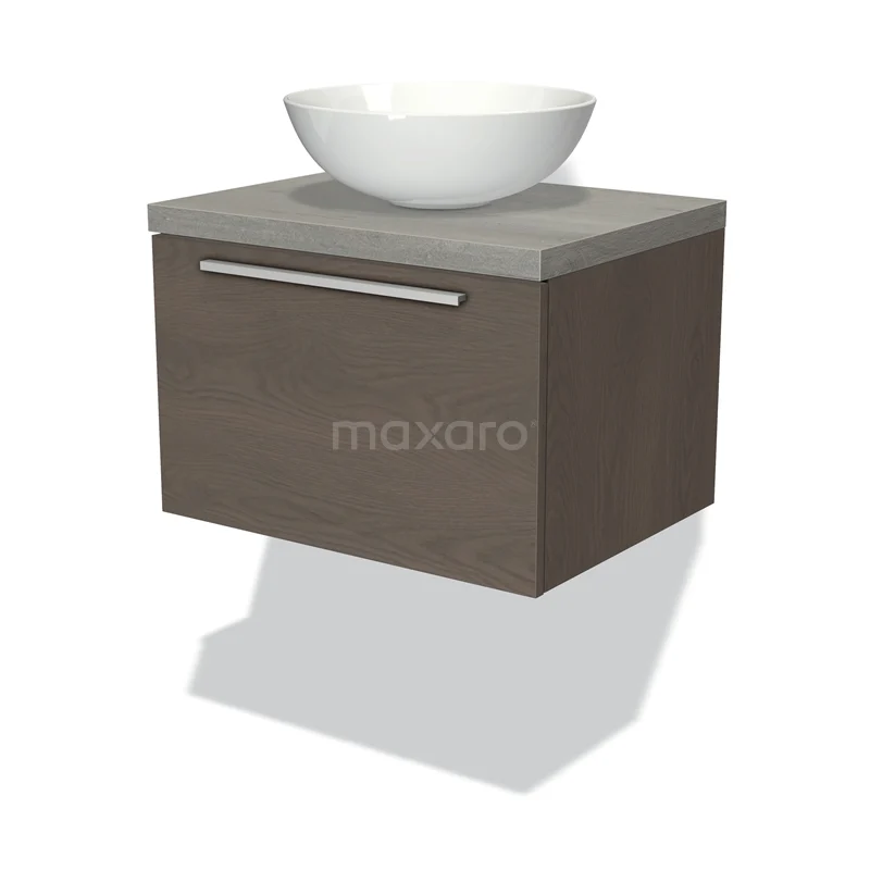 Badmöbel für Waschtischunterschrank mit Konsole 60cm Modulo Plato dunkelbraune Eiche 1 Schublade flache graue Eiche Platte BMK11-01501 Zweites Badezimmermöbel mit Aufsatzwaschbecken, Holzlook Grau, moderner Stil und schlankes Design, ideal für stilvolle Bäder.