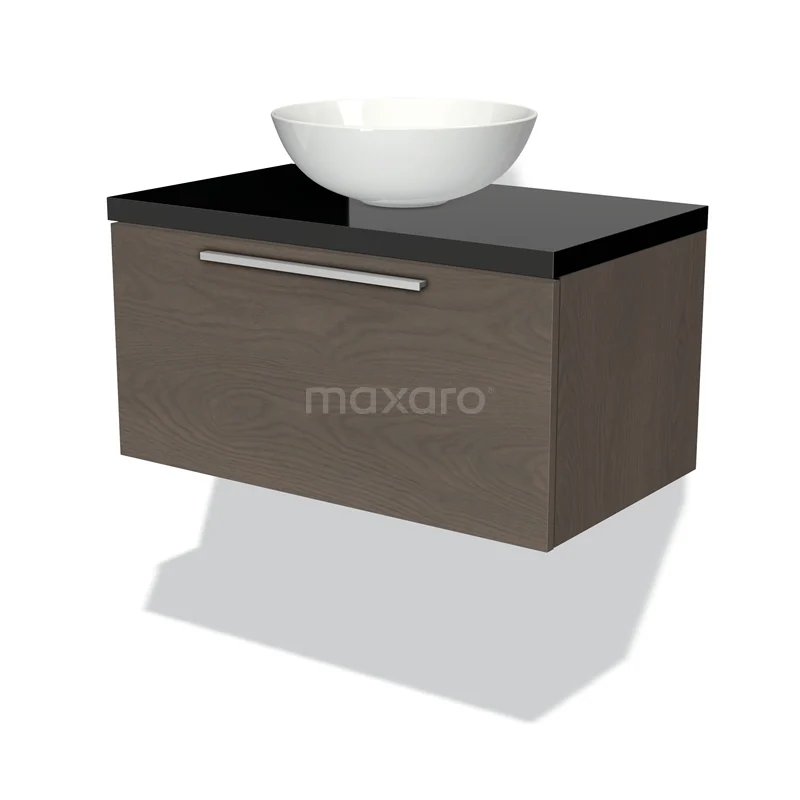 Modulo Plato Vanity units for countertop basin | 80 cm Dark brown oak Flat front High-gloss black worktop 1 drawer BMK11-01517