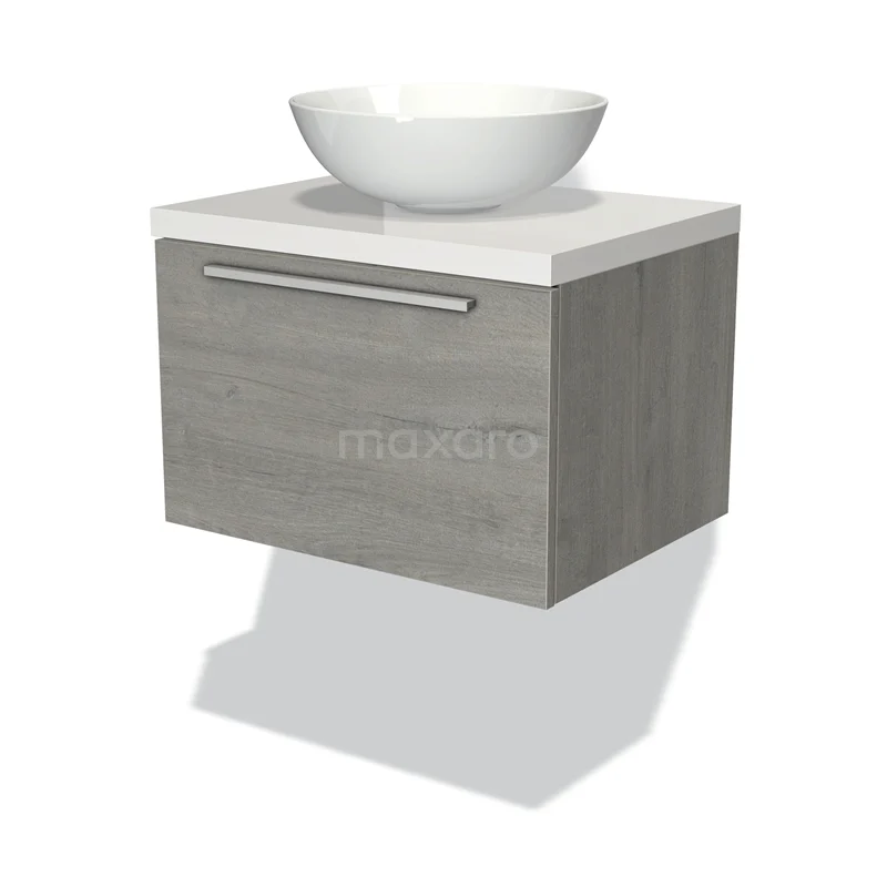 Badmöbel für Waschtischunterschrank mit Konsole 60cm Modulo Plato Graue Eiche 1 Schublade Flach Hochglanz Weiß Platte BMK11-01589 Holz-Badmöbel mit graue Eiche-Furnier, weißem Aufsatzwaschbecken und Schublade mit metallischem Haltegriff.