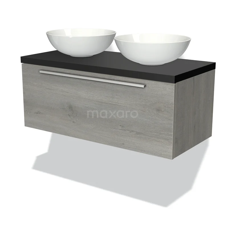 Modulo Plato Vanity units for countertop basin | 100 cm Grey oak Flat front Matte black worktop 1 drawer BMK11-01637