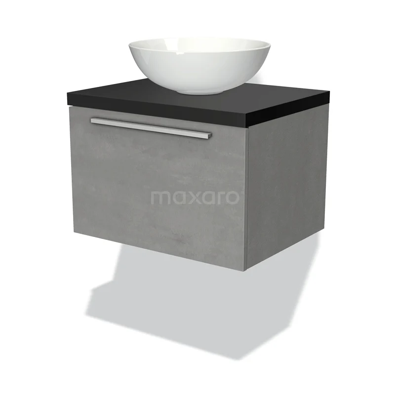 Badmöbel für Waschtischunterschrank mit Konsole 60cm Modulo Plato hellgrauer Beton 1 Schublade flach Matt Schwarz Platte BMK11-01689 Graues hängendes Waschtischmöbel mit Betonlook, schwarzer Oberplatte und weißem Aufsatzwaschbecken, modernes Badezimmerdesign.