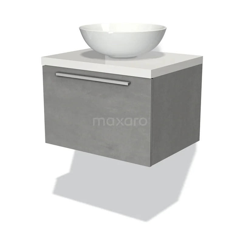Badmöbel für Waschtischunterschrank mit Konsole 60cm Modulo Plato hellgrauer Beton 1 Schublade Flach Hochglanz Weiß Platte BMK11-01691 Grauer hängender Badschrank mit Betonlook, weißer Platte und rundem Aufsatzwaschbecken; modernes Design, ideal für einen klaren Badezimmerstil.