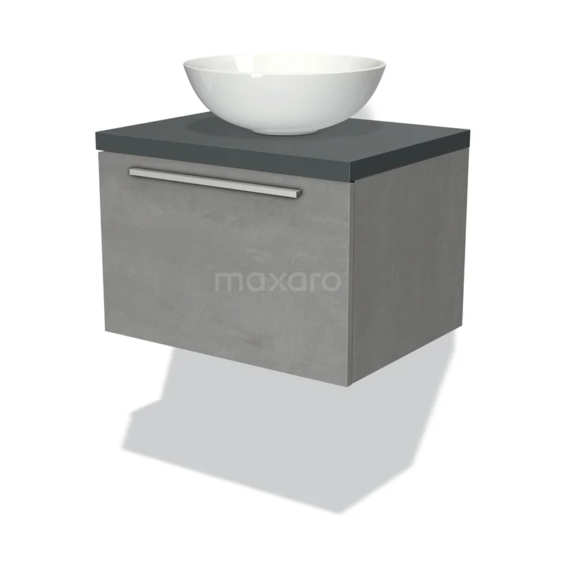 Badmöbel für Waschtischunterschrank mit Konsole 60cm Modulo Plato Hellgrauer Beton 1 Schublade Flach Dunkelgraue Platte BMK11-01693 Grauer Waschbeckenunterschrank mit Betonlook, integrierter Schublade und weißem runden Aufsatzwaschbecken, perfekt für ein modernes Badezimmer.