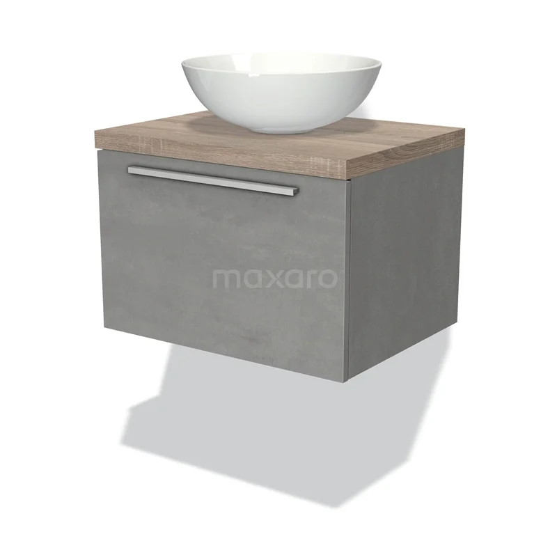 Badmöbel für Waschtischunterschrank mit Konsole 60cm Modulo Plato hellgrauer Beton 1 Schublade flache Platte aus Eiche BMK11-01695 Grauer hängender Badschrank mit Betonlook, Holzplatte und weißem schalenförmigen Waschbecken. Perfekt für moderne Bäder.