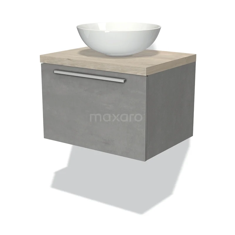 Badmöbel für Waschtischunterschrank mit Konsole 60cm Modulo Plato hellgrauer Beton 1 Schublade Flach hellgraue Eiche Platte BMK11-01696 Graue Badmöbelset mit Betoneffekt, Holzregal und modernem Design-Aufsatzwaschbecken. Perfekt für ein stilvolles Badezimmer.