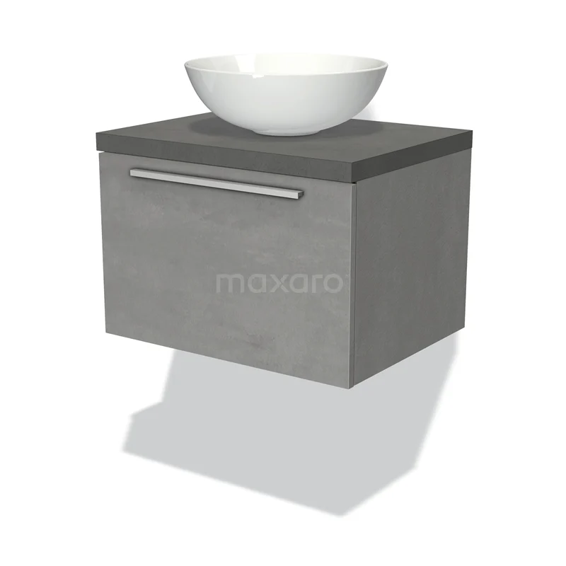 Badmöbel für Waschtischunterschrank mit Konsole 60cm Modulo Plato Hellgrauer Beton 1 Schublade Flach Dunkelgrauer Beton Platte BMK11-01701 Graue Badmöbelset mit Waschbecken aus Keramik, modernes hängendes Design, ausgestattet mit einem schlichten metallischen Haltegriff.