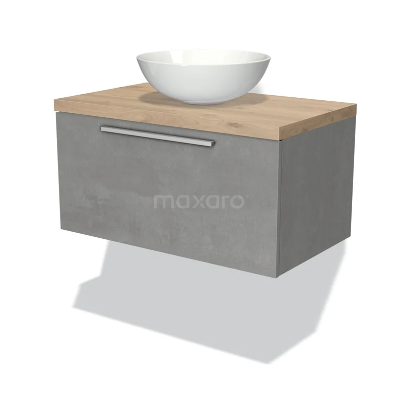 Modulo Plato Vanity units for countertop basin | 80 cm Light grey concrete Flat front Light brown oak worktop 1 drawer BMK11-01710