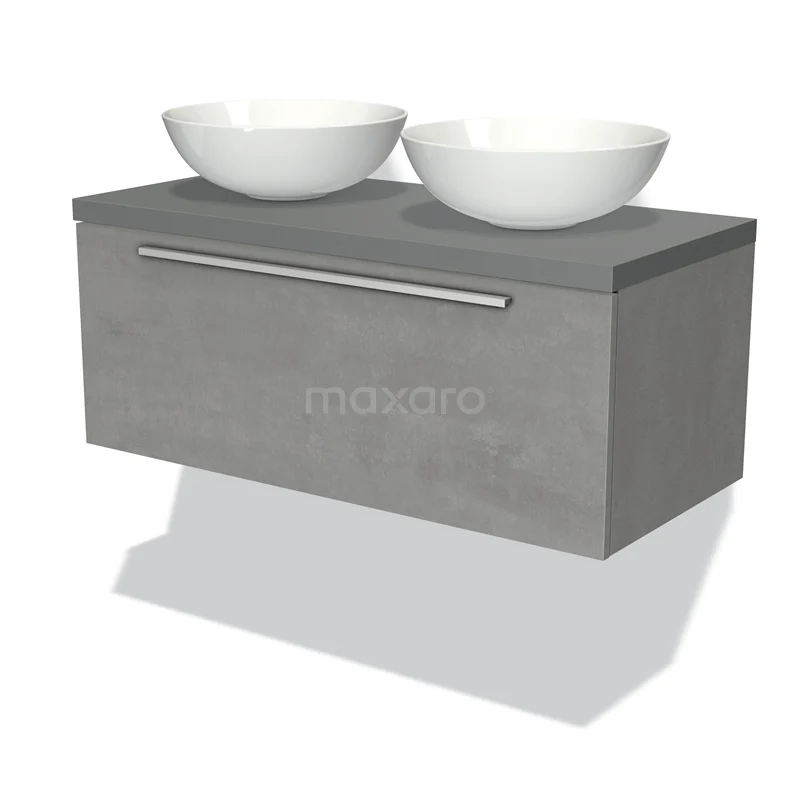 Badmöbel für Waschtischunterschrank mit Konsole 100cm Modulo Plato hellgrauer Beton 1 Schublade flach Mittelgrau Platte BMK11-01716 Grauer hängender Badschrank mit Betonlook, doppelten weißen Aufsatzwaschbecken und metallischem Haltegriff für einen modernen Badezimmerstil.