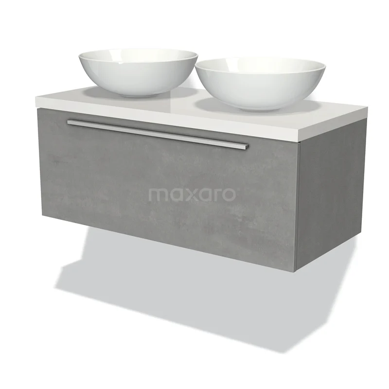 Badmöbel für Waschtischunterschrank mit Konsole 100cm Modulo Plato hellgrauer Beton 1 Schublade Flach Hochglanz Weiß Platte BMK11-01717 Grauer Badschrank mit Doppelwaschbecken, moderne Betonoptik, ausgestattet mit silberfarbener Haltegriff und schlankem, schwebendem Design.