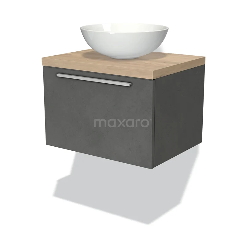 Badmöbel für Waschtischunterschrank mit Konsole 60cm Modulo Plato Dunkelgrauer Beton 1 Schublade Flach Hellbraune Eiche Platte BMK11-01749 Grauer hängender Badschrank mit Holzoptik Platte, ausgestattet mit einem runden weißen Aufsatzwaschbecken, modernes Design.