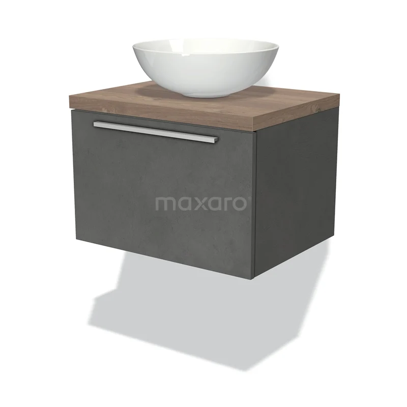 Badmöbel für Waschtischunterschrank mit Konsole 60cm Modulo Plato Dunkelgrauer Beton 1 Schublade Flach Mittelbraune Eiche Platte BMK11-01750 Graue schwebende Badmöbelset mit Holzoptik Platte, weißem runden Aufsatzwaschbecken und breitem Metallgriff. Modernes und kompaktes Design.