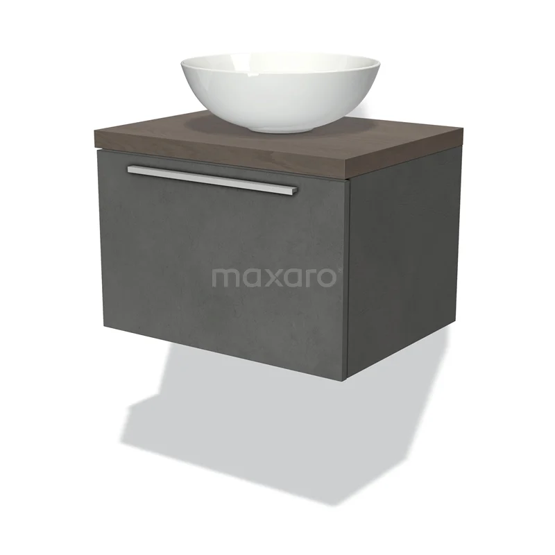 Badmöbel für Aufsatzwaschbecken 60cm Modulo Plato Dunkelgrauer Beton 1 Schubladen Flach Dunkelbraune Eiche Platte BMK11-01751 Zwevende Badschrank in Betonlook mit Holzplatte und weißem rundes Waschbecken, ideal für moderne Bäder.