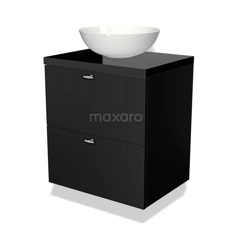 Zwarte badkamerkast met twee lades en witte keramische waskom, modern design, perfect voor een stijlvolle badkamer inrichting.