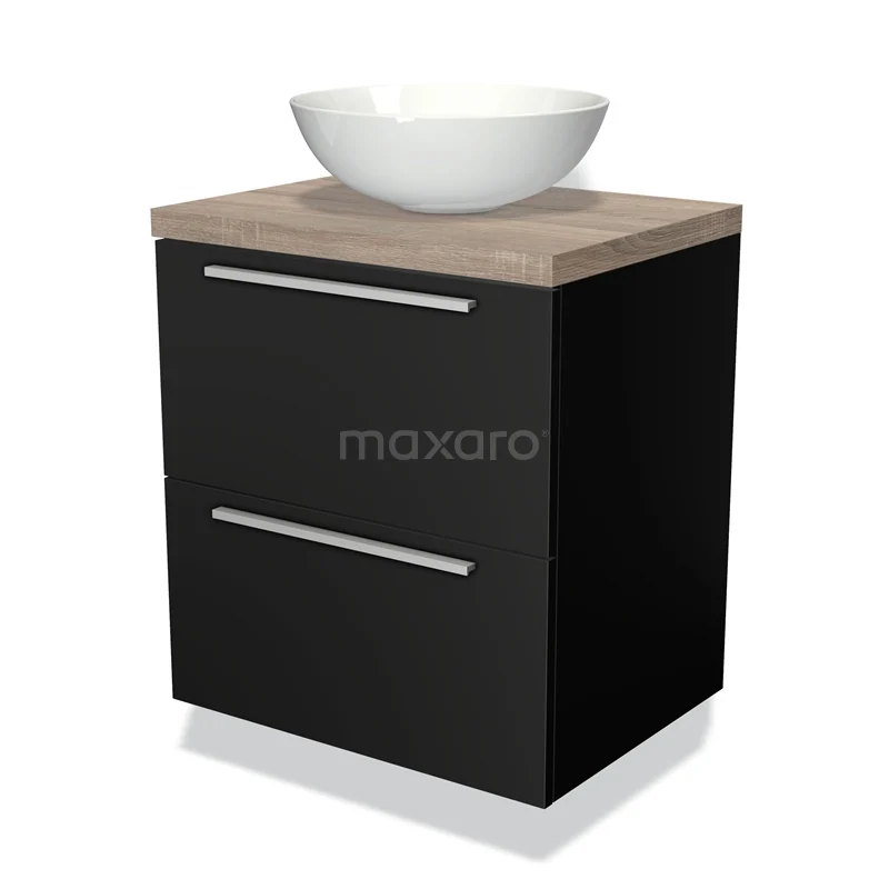 Zwart badkamermeubel met houtlook blad, ronde witte keramische waskom en twee lades, modern design.