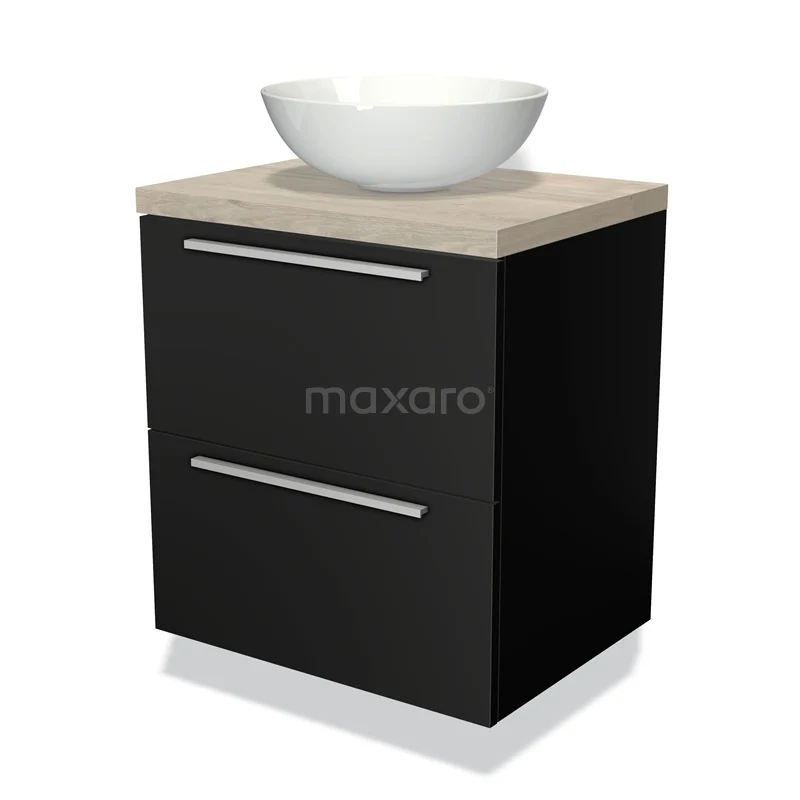 Zwart badkamermeubel met houtlook blad en witte wastafelkom, modern design met twee lades en strakke metalen grepen.