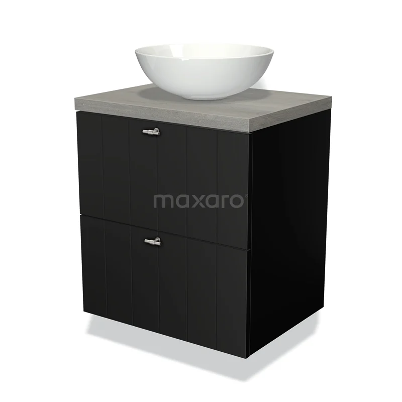 Badmöbel für Waschtischunterschrank mit Konsole 60cm Modulo Plato Matt Schwarz 2 Schubladen Lamelle Graue Eiche Platte BMK17-00172 Schwarzes Badmöbel mit Beton Waschtischplatte und runder weißer Aufsatzwaschbecken, modernes Design mit zwei Schubladen für Stauraum.