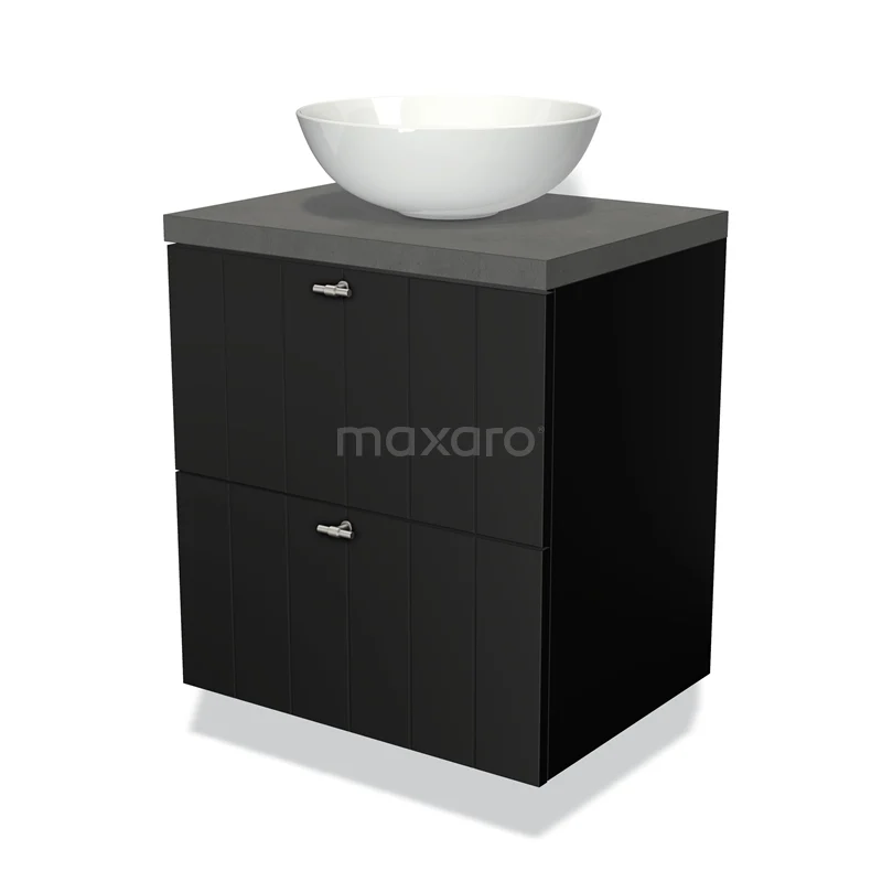 Zwarte badkamermeubelset met twee laden, grijze stenen wastafelblad en witte ronde wastafel, modern design.