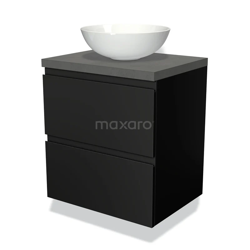 Zwarte badkamerkast met twee lades, grijs wastafelblad en ronde witte waskom, modern design uit duurzame materialen.