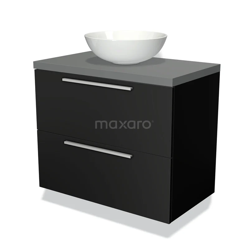 Zwarte badkamermeubelset met grijs blad, witte ronde waskom en zilveren handgrepen, modern en compact design.