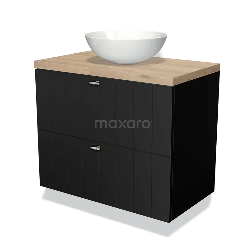 Zwarte badkamermeubelset met houten blad en keramische waskom, modern ontwerp voor een stijlvolle badkamer.
