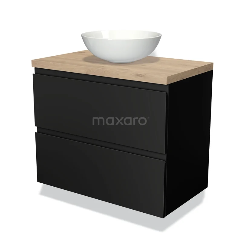 Zwart badkamermeubel met houten blad en witte waskom, modern design, perfect voor een stijlvolle badkamerinrichting.