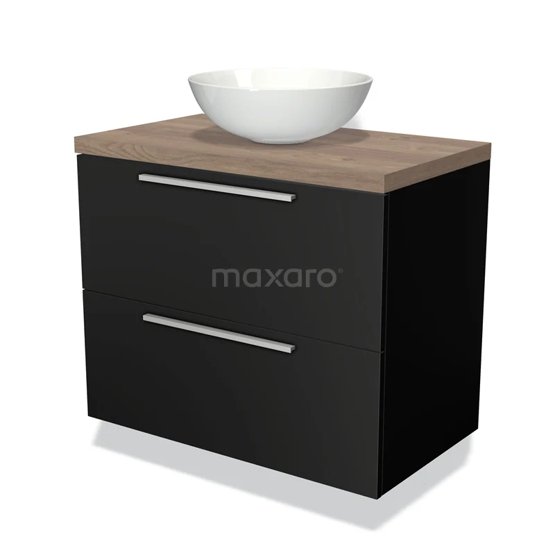 Zwarte badkamerkast met houten blad en witte waskom, strak design met twee lades en metalen grepen.