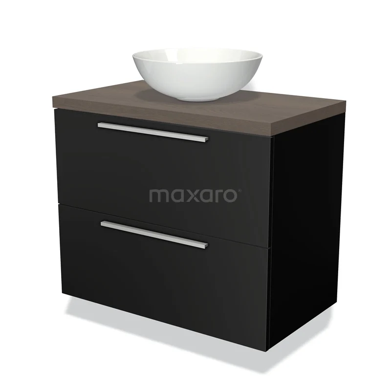 Zwarte badkamermeubel met houten top en witte komvormige wastafel, modern design, perfect voor stijlvolle badkamerrenovaties.