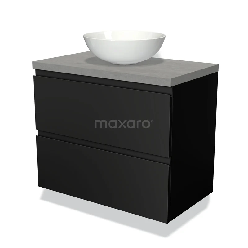 Badmöbel für Aufsatzwaschbecken 80cm Modulo Plato Matt Schwarz 2 Schubladen Grifflos Hellgrauer Beton Platte BMK17-00215 Schwarze Badmöbelset mit Betonlook Platte und weißem Aufsatzwaschbecken, modernes Design mit klaren Linien.