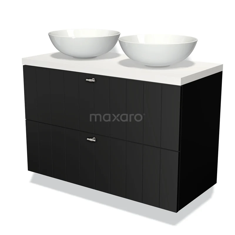 Zwarte badkamermeubelset met dubbele witte waskommen, modern design, hoge kwaliteit materialen en ruime opbergladen.