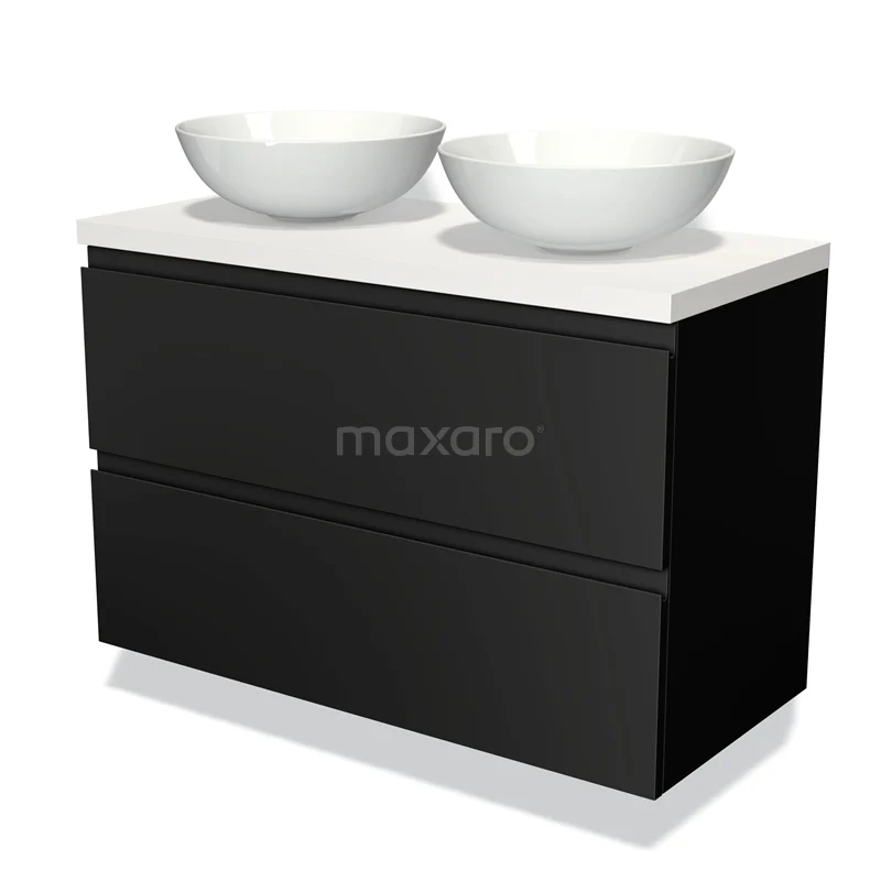 Zwarte badkamermeubelset met twee witte wastafels, minimalistisch design, perfect voor een moderne badkamer.