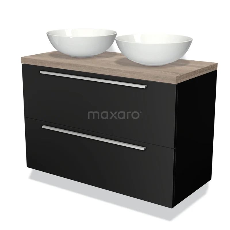 Waschtischunterschrank mit Konsole 100cm Modulo Plato Matt Schwarz 2 Schubladen Flache Platte aus Eiche BMK17-00234 Schwarze Badmöbelset mit Holzlook Platte und zwei weißen keramischen Aufsatzwaschbecken, modernes Design für stilvolle Bäder.