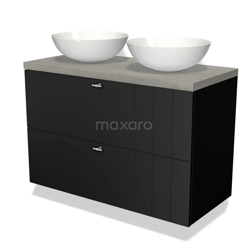 Zwarte badkamermeubel met dubbele wastafel, modern design, betonnen blad en witte keramische kommen.