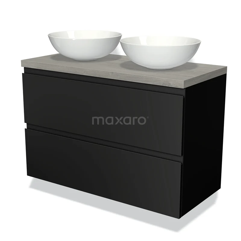 Zwart badmeubel met twee witte wastafels, betonlook blad, strak design; perfect voor moderne badkamerstijl.
