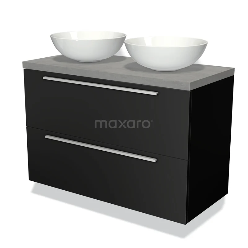 Zwarte badkamermeubel met twee witte waskommen, matte afwerking en strak design, ideaal voor moderne badkamerinrichting.