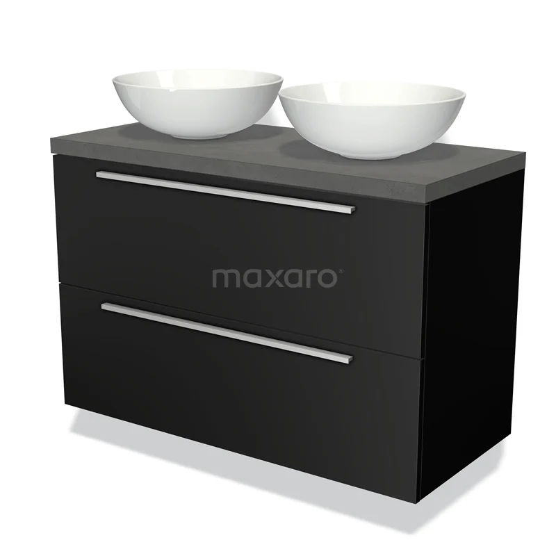 Zwarte badkamermeubelset met dubbel wastafelblad, twee witte kommen en metalen handgrepen; modern en strak design.